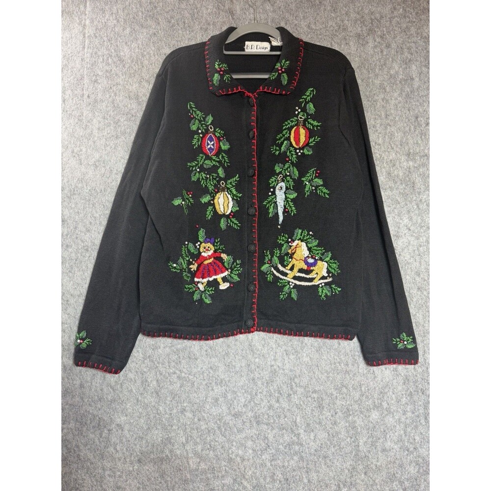 B.P. Design Cardigan Sweater Women XL Black Beaded Christmas Horse Bear Holiday*